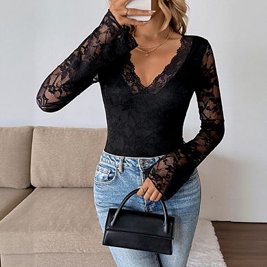 Women's Lace V Neck Long Sleeve Low Cut Crop Blouse Top Solid Color T Shirt