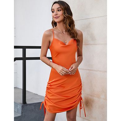 Women's Spaghetti Strap Mini Dress Cowl Neck with Side Drawstring Ruched
