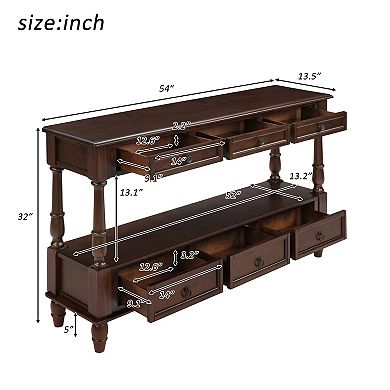 Whisen 2-Tier Solid Wood Console Table with 6 Drawers and Shelf