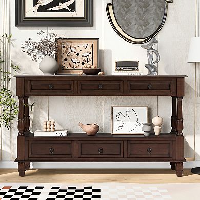Whisen 2-Tier Solid Wood Console Table with 6 Drawers and Shelf