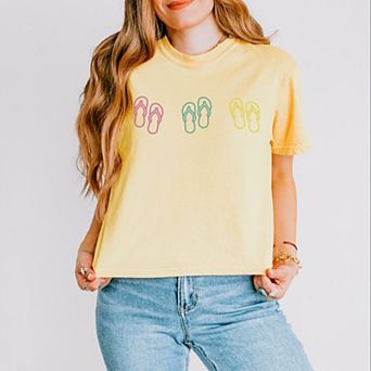 Embroidered Flip Flops - Women's Boxy Crop Top Graphic T-Shirt
