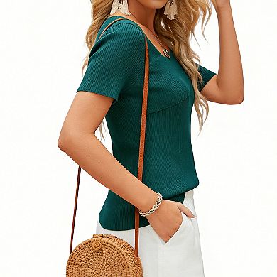 Women's Asymmetrical Off Shoulder Ribbed Top - Short Sleeve Slim Fit Casual Going Out Shirt