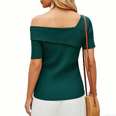 Women's Asymmetrical Off Shoulder Ribbed Top - Short Sleeve Slim Fit Casual Going Out Shirt