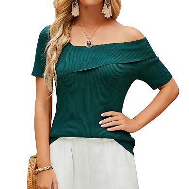 Women's Asymmetrical Off Shoulder Ribbed Top - Short Sleeve Slim Fit Casual Going Out Shirt