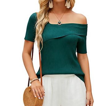 Women's Asymmetrical Off Shoulder Ribbed Top - Short Sleeve Slim Fit Casual Going Out Shirt
