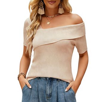 Women's Asymmetrical Off Shoulder Ribbed Top - Short Sleeve Slim Fit Casual Going Out Shirt
