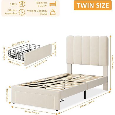 Bed Frame with Under-Bed Drawer, Plush Upholstered Platform Bed with Wave Headboard