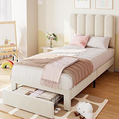 Bed Frame with Under-Bed Drawer, Plush Upholstered Platform Bed with Wave Headboard