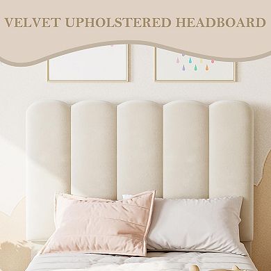 Bed Frame with Under-Bed Drawer, Plush Upholstered Platform Bed with Wave Headboard