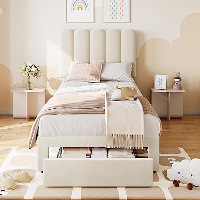 Bed Frame with Under-Bed Drawer, Plush Upholstered Platform Bed with Wave Headboard