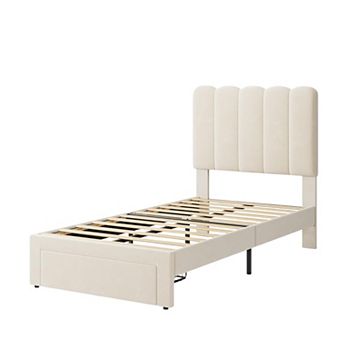 Bed Frame with Under-Bed Drawer, Plush Upholstered Platform Bed with Wave Headboard