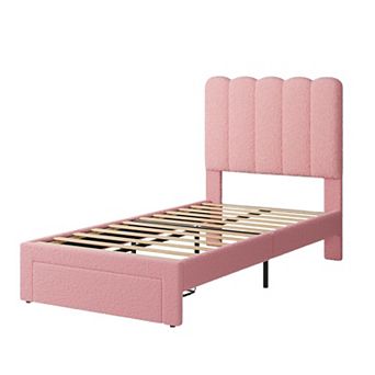 Bed Frame with Under-Bed Drawer, Plush Upholstered Platform Bed with Wave Headboard