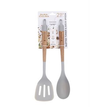 Dura Living 2 pc Acacia Wood & Silicone Kitchen Cookware Set - Solid Spoon & Slotted Turner