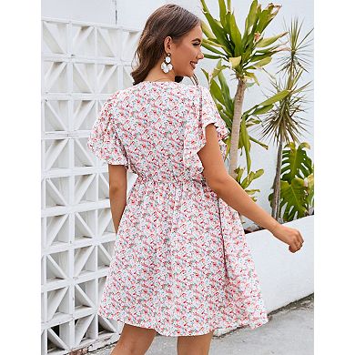 Women's V-Neck Babydoll Mini Dress with Button Front Detail