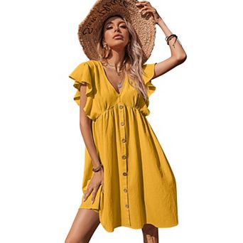 Women's V-Neck Babydoll Mini Dress with Button Front Detail