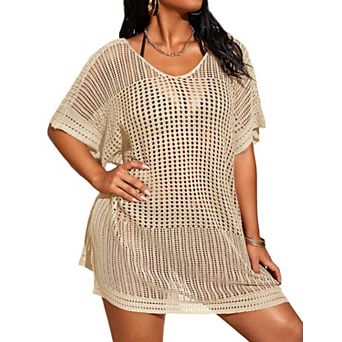 Plus Size Crochet Cover Up for Women Hollow Out Short Sleeve V Neck Beach Dress Swimwear Coverups