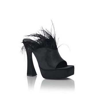 Feather Trim Open Toe Platform High Heel Mule Sandals