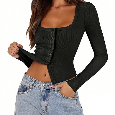 Women Square Neck Long Sleeve Ribbed Crop Top with Button Front Closure