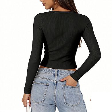 Women Square Neck Long Sleeve Ribbed Crop Top with Button Front Closure