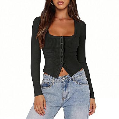 Women Square Neck Long Sleeve Ribbed Crop Top with Button Front Closure