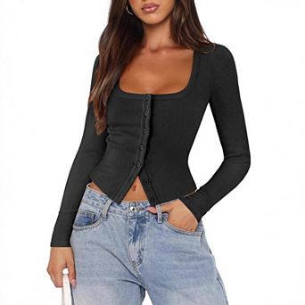 Women Square Neck Long Sleeve Ribbed Crop Top with Button Front Closure