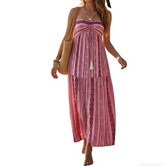Boho Halter Summer Beach Maxi Dress with Geometric Print, Tassel Tie & Side Slit