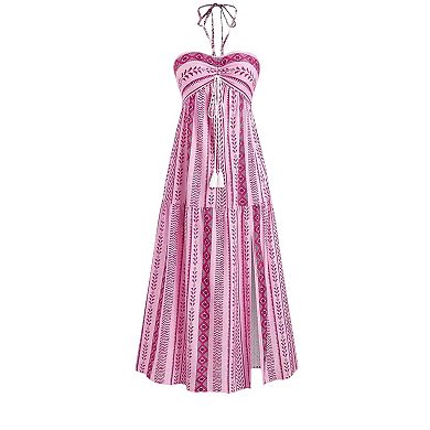 Boho Halter Summer Beach Maxi Dress with Geometric Print, Tassel Tie & Side Slit