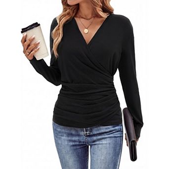 Women's Long Sleeve Tops Casual Fitted Shirts Solid Color Blouses Ruched Design