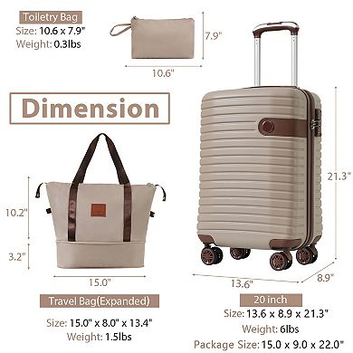 Whisen 3-Piece Airline Approved Luggage Set, 20-inch Lightweight Hardshell ABS Suitcases with Wheels