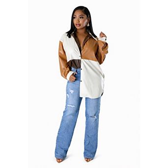 Color-block Faux Leather Shirt