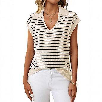 Womens Striped V-Neck Sleeveless Knit Vest Summer Casual Sweater Top