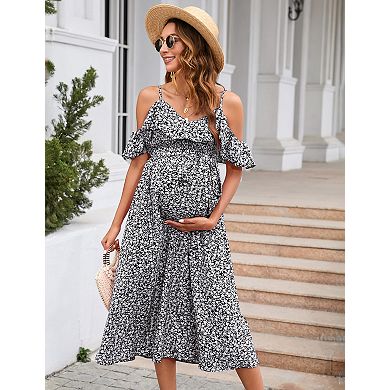 Women's Maternity Stretchy Spaghetti Strap Polka Dot Midi Dress