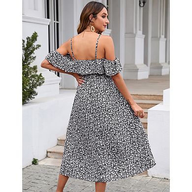 Women's Maternity Stretchy Spaghetti Strap Polka Dot Midi Dress