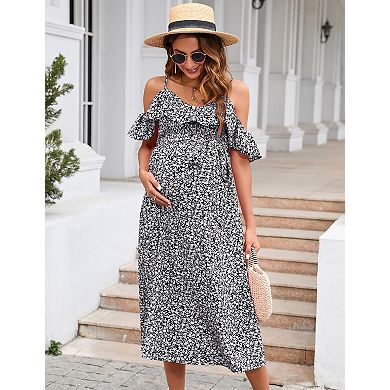 Women's Maternity Stretchy Spaghetti Strap Polka Dot Midi Dress