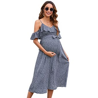 Women's Maternity Stretchy Spaghetti Strap Polka Dot Midi Dress