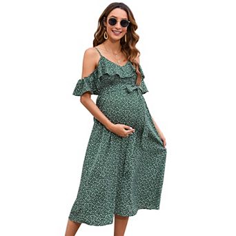 Women's Maternity Stretchy Spaghetti Strap Polka Dot Midi Dress