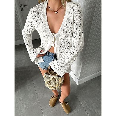 Women's Casual Lightweight Front Tie Knit Long Sleeve Cardigan