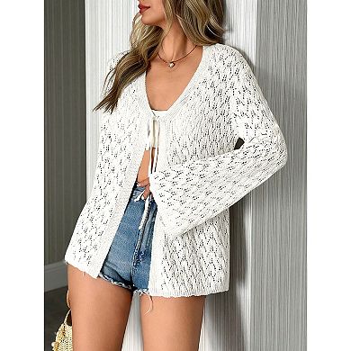 Women's Casual Lightweight Front Tie Knit Long Sleeve Cardigan