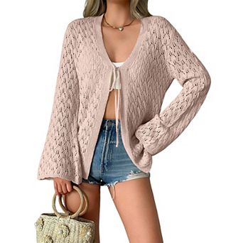 Women's Casual Lightweight Front Tie Knit Long Sleeve Cardigan
