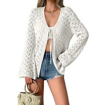 Women's Casual Lightweight Front Tie Knit Long Sleeve Cardigan