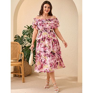 Women's Plus Size Off The Shoulder Floral Cocktail Party Dress