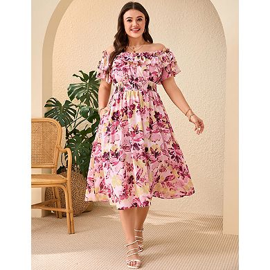 Women's Plus Size Off The Shoulder Floral Cocktail Party Dress