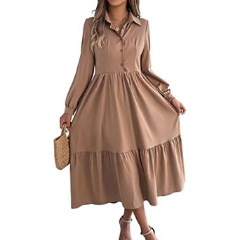 Women’s Shirt Dress Long Sleeve Tiered Midi Dress Loose Button Down Casual Swing Dress