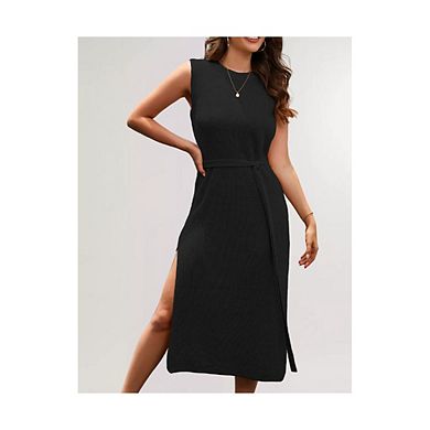 Women's Casual Round Neck Sleeveless Knitted Midi Dress with Belt