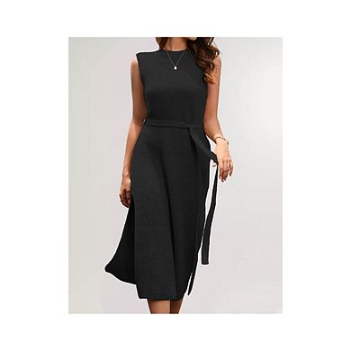 Women's Casual Round Neck Sleeveless Knitted Midi Dress with Belt
