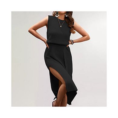 Women's Casual Round Neck Sleeveless Knitted Midi Dress with Belt