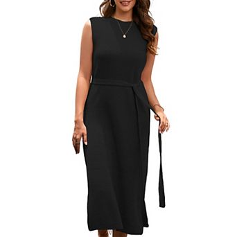 Women's Casual Round Neck Sleeveless Knitted Midi Dress with Belt