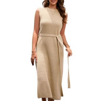 Women's Casual Round Neck Sleeveless Knitted Midi Dress with Belt
