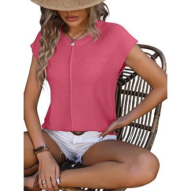 Womens Pullover Sweater Vest Crew Neck Cap Sleeve Loose Fit Ribbed Knit Top Sweaters