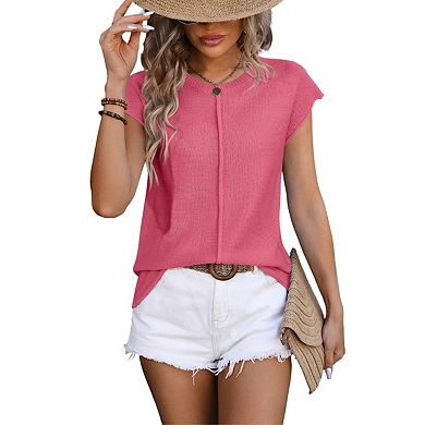 Womens Pullover Sweater Vest Crew Neck Cap Sleeve Loose Fit Ribbed Knit Top Sweaters